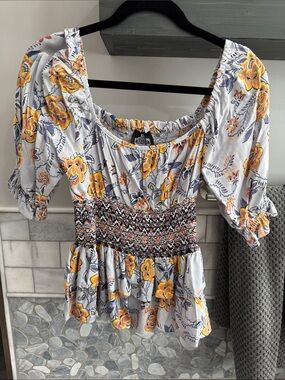 Floral Smocked Peasant Top - Yellow Floral